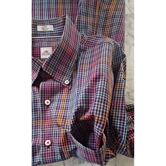 Peter Millar Men's Large Dark Rainbow Plaid Button-Down Shirt Classic Fit Preppy - Picture 4 of 8